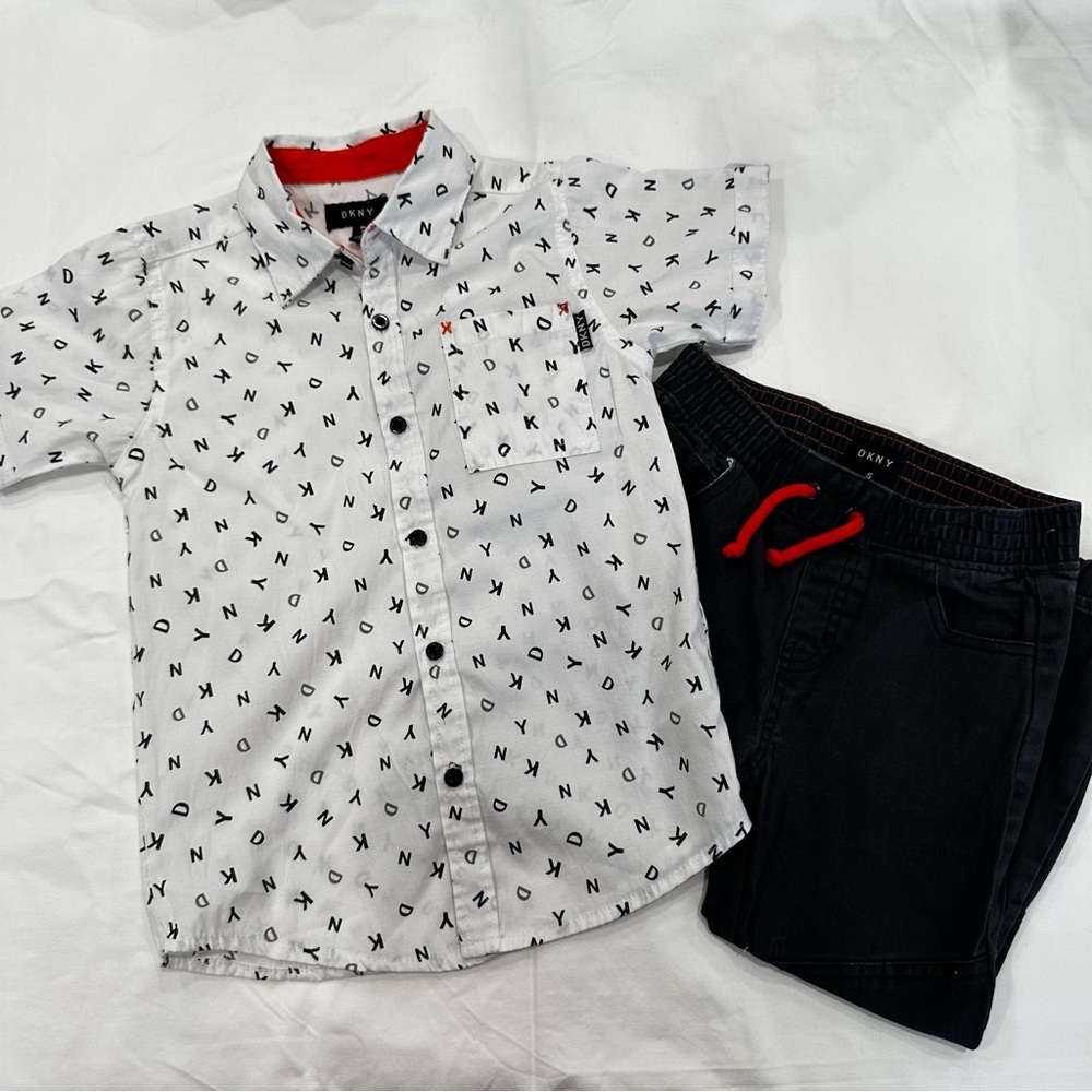 Dkny Boys Outfit Size 5 Button Up Short Sleeve Top And Jogger Pants 100% Cotton